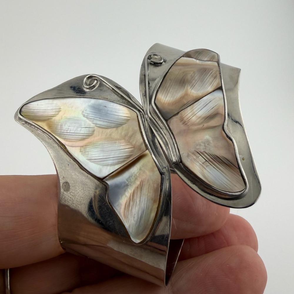 Silver Tone Butterfly Mother of Pearl Inlay Hinged Cuff Bracelet